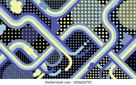 Memphis pattern. Vintage background with color lines and different elements for banner or mobile application. Retro-Fututristic Background with Color Elements in Disco Style. Vector Texture.