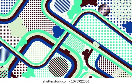 Memphis pattern. Vintage background with color lines and different elements for banner or mobile application. Pop-Art Style. Vintage Background with Color Elements in Disco Style. Vector Texture.