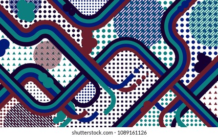 Memphis pattern. Vintage background with color lines and different elements for paper or print. Retro-Fututristic Background with Color Elements in Disco Style. Vector Texture.