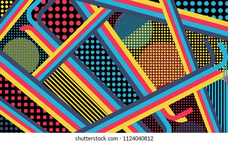 Memphis pattern. Vintage background with color lines and different elements for card or flyer. Retro-Fututristic Background with Color Elements in Disco Style. Vector Texture.