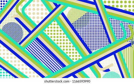 Memphis pattern. Vintage background with color lines and different elements for textile or wallpaper. Pop-Art Style. Vintage Background with Color Elements in Disco Style. Vector Texture.
