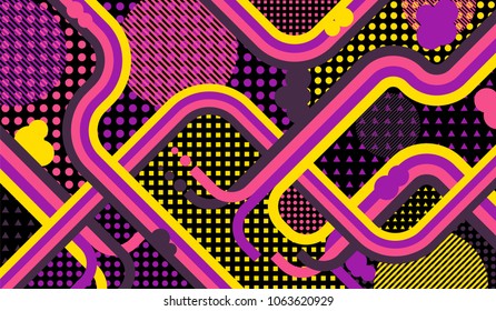 Memphis pattern. Vintage pattern with color strips and different elements for banner or mobile application. Pop-Art Style. Vintage Background with Color Elements in Disco Style. Vector Texture.