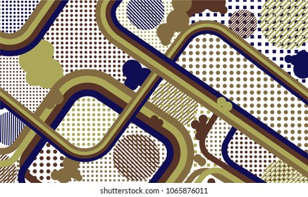 Memphis pattern. Vintage pattern with color strips and different elements for banner or mobile application. Retro-Fututristic Background with Color Elements in Disco Style. Vector Texture.