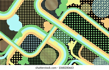Memphis pattern. Vintage pattern with color strips and different elements for textile or wallpaper. Pop-Art Style. Vintage Background with Color Elements in Disco Style. Vector Texture.