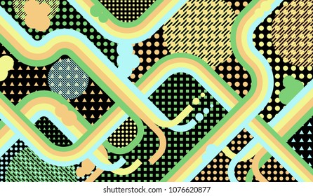 Memphis pattern. Vintage pattern with color strips and different elements for banner or mobile application. Retro-Fututristic Background with Color Elements in Disco Style. Vector Texture.