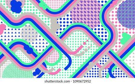 Memphis pattern. Vintage pattern with color strips and different elements for textile or wallpaper. Pop-Art Style. Vintage Background with Color Elements in Disco Style. Vector Texture.