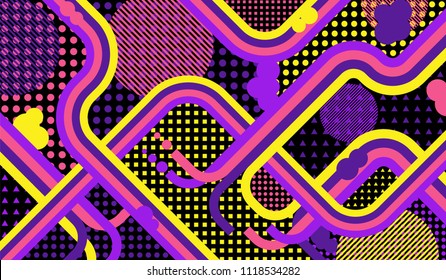 Memphis pattern. Vintage pattern with color strips and different elements for textile or wallpaper. Retro-Fututristic Background with Color Elements in Disco Style. Vector Texture.