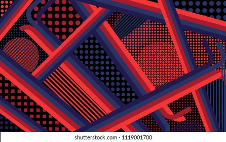 Memphis pattern. Vintage pattern with color strips and different elements for card or flyer. Pop-Art Style. Vintage Background with Color Elements in Disco Style. Vector Texture.