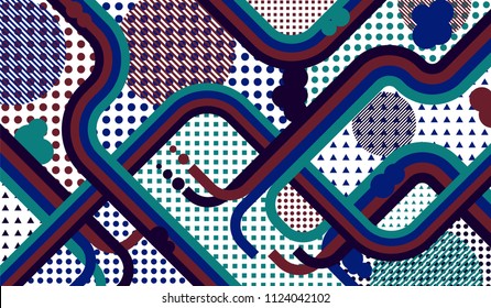 Memphis pattern. Vintage pattern with color strips and different elements for textile or wallpaper. Retro-Fututristic Background with Color Elements in Disco Style. Vector Texture.