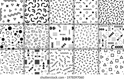 Memphis patterns. Funky retro 90s style abstract backgrounds with geometric graphic elements. Fashion fabric texture seamless pattern vector set. Print with black detailed elements