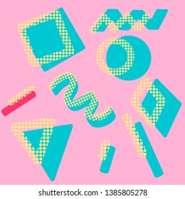 Memphis pink background with blue abstract shapes. 80s geometric retro style vector illustration. Flat design elements for banner, flyer, card, cover, template and poster. Eps10 