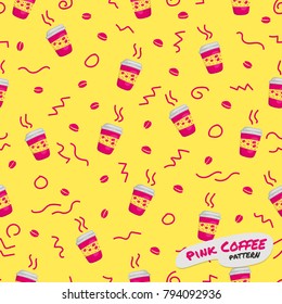 Memphis pink coffee cup to go and beans seamless print background pattern