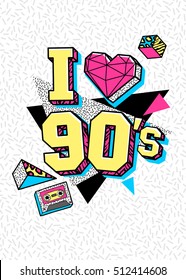 Memphis poster, card or invitation with geometric elements, sneakers and tape cassette. I love 90s. Vector illustration in trendy 80s-90s memphis style.