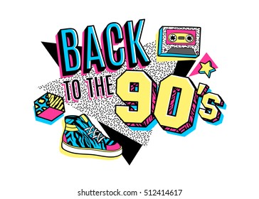 Memphis poster, card or invitation with geometric elements, sneakers and tape cassette. Back to the 90s. Vector illustration in trendy 80s-90s memphis style.