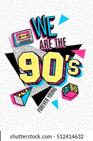 Memphis poster, card or invitation with geometric elements, sneakers and tape cassette. We are the 90s. Vector illustration in trendy 80s-90s memphis style.