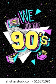 Memphis poster, card or invitation with geometric elements, sneakers and tape cassette. We are the 90s. Vector illustration in trendy 80s-90s memphis style.