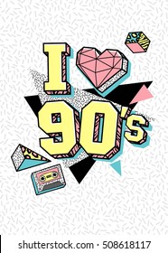 Memphis poster, card or invitation with triangle heart, geometric elements and tape cassette. I love 90's. Vector illustration in trendy 80s-90s memphis style.