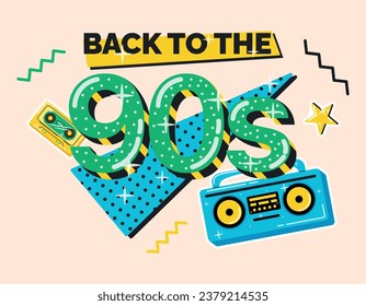 Memphis poster, Cartoon vector banner with text back to the 90s. Pop art style, vector retro isolated flat label.