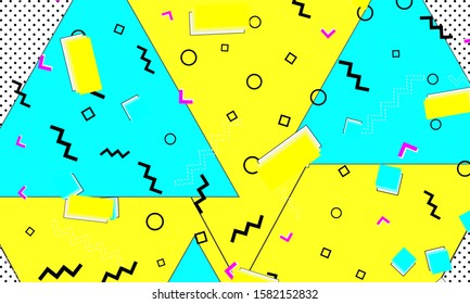 Memphis Poster. Color Decor. Child Mustard Flyer. Pop Template. Fun Turquoise Fashion. Yellow Dot Banner. Doodle Blue Illustration.