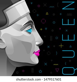 Cartel, portada, banner, invitación a Nefertiti, Cleopatra reina en estilo moderno para fiestas de música, concepto de viaje, impresión en pantalones. Antigua ilustración vectorial egipcia sobre fondo negro