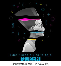 Memphis poster, cover, banner, invitation with Nefertiti, Cleopatra queen in trendy style for music party, travel concept, t-shirt print. Ancient Egyptian vector illustration on black background