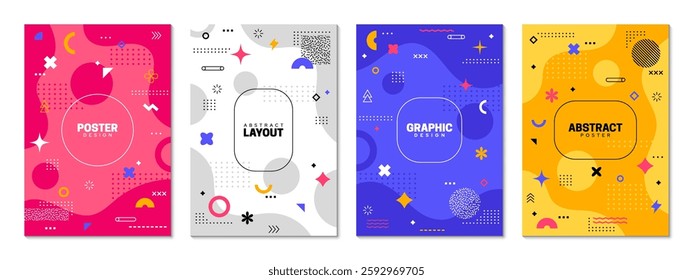 Memphis posters with abstract geometric shapes. Vector vibrant and modern vertical card templates with bold colors and patterns. Contemporary, minimalist compositions for art prints or covers designs