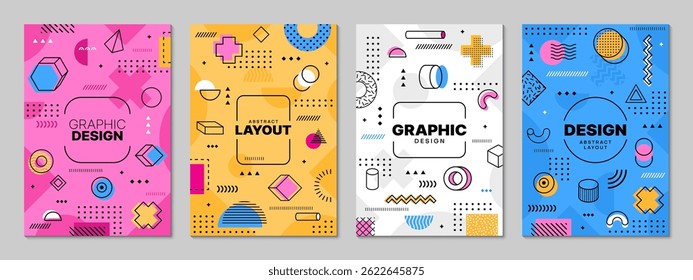 Memphis posters with abstract geometric shapes. Vector modern backgrounds, vertical cards or cover templates feature vibrant colors, dynamic figures and bold patterns, exude a playful aesthetic of 80s