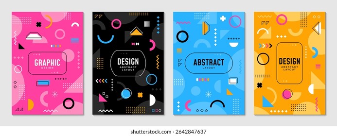 Memphis posters with abstract geometric shapes. Modern cover background templates with abstract figures. Vector playful cards or story posts, feature graphic patterns in retro modern style of the 80s