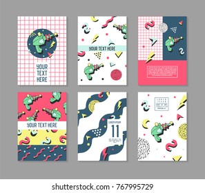 Memphis Posters Set Space Theme. Hipster Abstract Trendy Backgrounds with Geometric Shapes. 80 -90s Fashion Cards, Brochures. Vector illustration