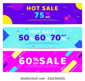 Memphis promo coupon sale geometry web flat set. Action banner sign product advertising special discount neon color vintage bright booklet business card special event shapes fly hipster 80-90s style