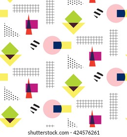 Memphis retro 80s seamless pattern. Checkered lines, abstract shapes, color blocks and dash dots elements in eighties fashion style. Circles and checkered squares.