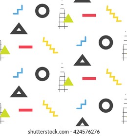 Memphis retro 80s seamless pattern. Checkered lines, abstract shapes, color blocks and dash dots elements in eighties fashion style. Zigzag lines and triangles on white.
