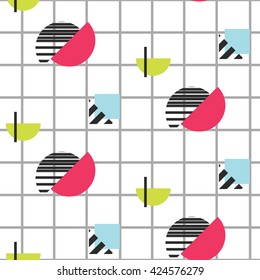 Memphis retro 80s seamless pattern. Checkered lines, abstract shapes, color blocks and dash dots elements in eighties fashion style. Half colored shapes on checkered background.