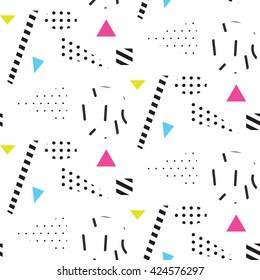Memphis retro 80s seamless pattern. Checkered lines, abstract shapes, color blocks and dash dots elements in eighties fashion style. Dotted triangles and dashed shapes on white.