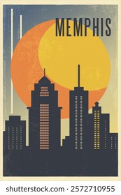 Memphis retro city poster with abstract shapes of skyline, buildings. USA, Tennessee state vintage travel vector illustration, cityscape at sunrise, sunset