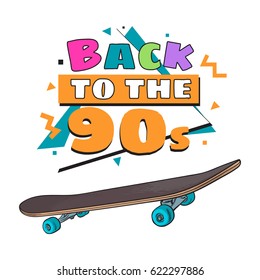 Memphis retro style back to the 90s poster, banner template with skateboard on white background. Back to the 90s party invitation, poster, banner design with geometric details and skateboard