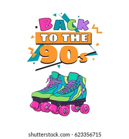 Memphis retro style back to the 90s poster, banner template with roller skates on white background. Back to the 90s party invitation, poster, banner design with geometric details and roller skates