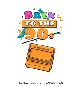 Memphis retro style back to the 90s poster template with TV game cartridge on white background. Back to the 90s party invitation, poster, banner design with geometric details