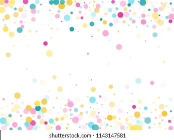 Memphis round confetti airy background in teal, rose color, gold on white.  Childish pattern vector, children's party birthday celebration background.  Holiday confetti circles in memphis style.