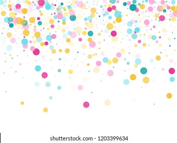 Memphis round confetti airy background in cyan, pink and gold on white.  Childish pattern vector, children's party birthday celebration background.  Holiday confetti circles in memphis style.
