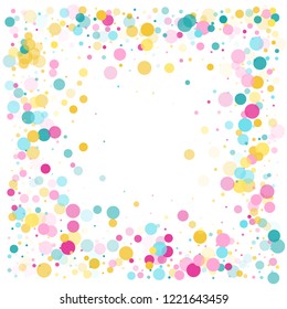 Memphis round confetti airy background in blue, pink and yellow on white.  Childish pattern vector, children's party birthday celebration background.  Holiday confetti circles in memphis style.