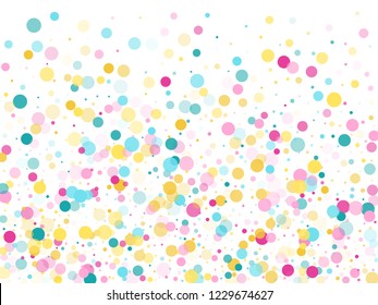 Memphis round confetti airy background in teal, rose color, gold on white.  Childish pattern vector, children's party birthday celebration background.  Holiday confetti circles in memphis style.