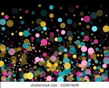 Memphis round confetti airy background in blue, crimson and gold on black.  Childish pattern vector, kid's party birthday celebration background.  Holiday confetti circles in memphis style.