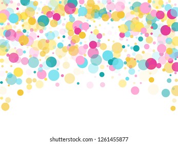 Memphis round confetti airy background in blue, pink and gold on white.  Childish pattern vector, children's party birthday celebration background.  Holiday confetti circles in memphis style.