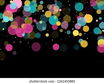 Memphis round confetti airy background in cayn, crimson and yellow on black.  Childish pattern vector, children's party birthday celebration background.  Holiday confetti circles in memphis style.