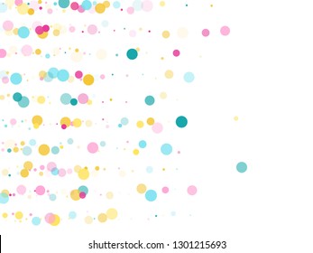 Memphis round confetti airy background in blue, rose color, gold on white.  Childish pattern vector, children's party birthday celebration background.  Holiday confetti circles in memphis style.