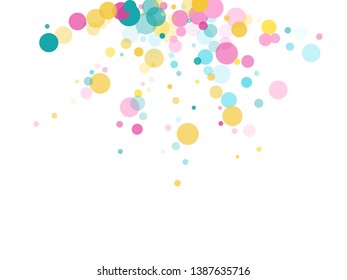 Memphis round confetti airy background in blue, crimson and yellow on white.   