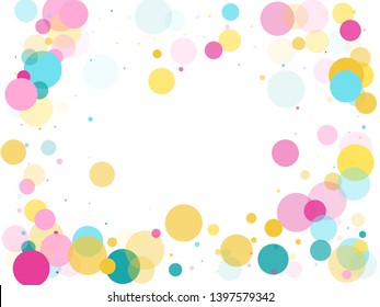 Memphis round confetti airy background in teal, rose color, gold on white.  Childish pattern vector, children's party birthday celebration background.  Holiday confetti circles in memphis style.
