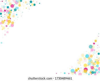 Memphis round confetti airy background in blue, pink and yellow on white.  Childish pattern vector, children's party birthday celebration background.  Holiday confetti circles in memphis style.