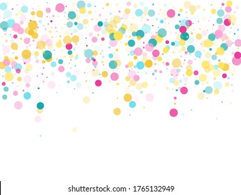 Memphis round confetti airy background in blue, pink and gold on white.  Childish pattern vector, children's party birthday celebration background.  Holiday confetti circles in memphis style.
